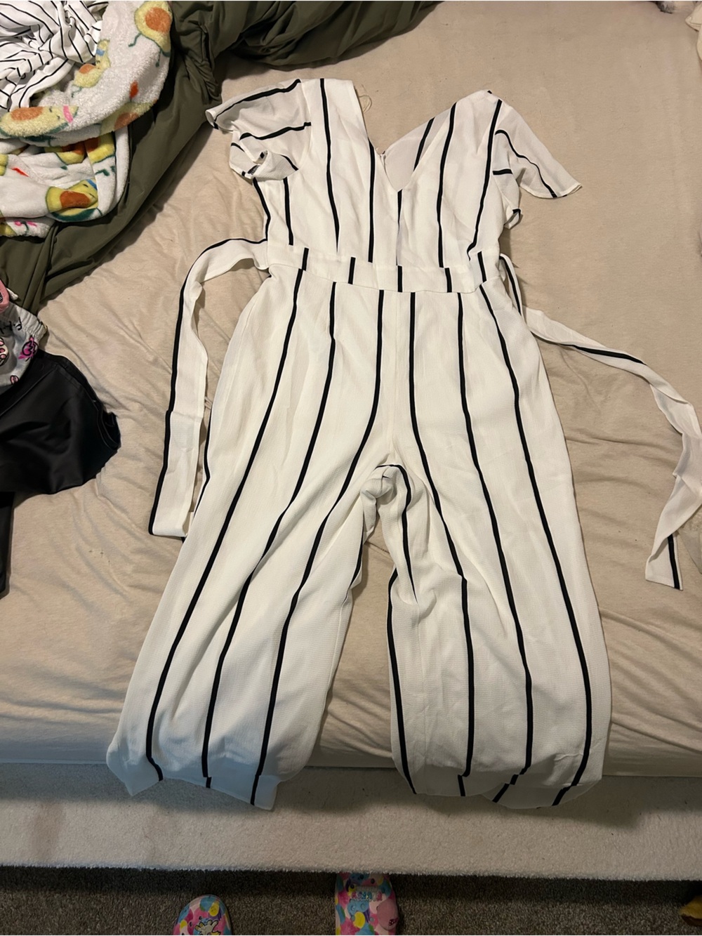 Crystal Doll White Jumpsuit with Black Vertical Stripes
